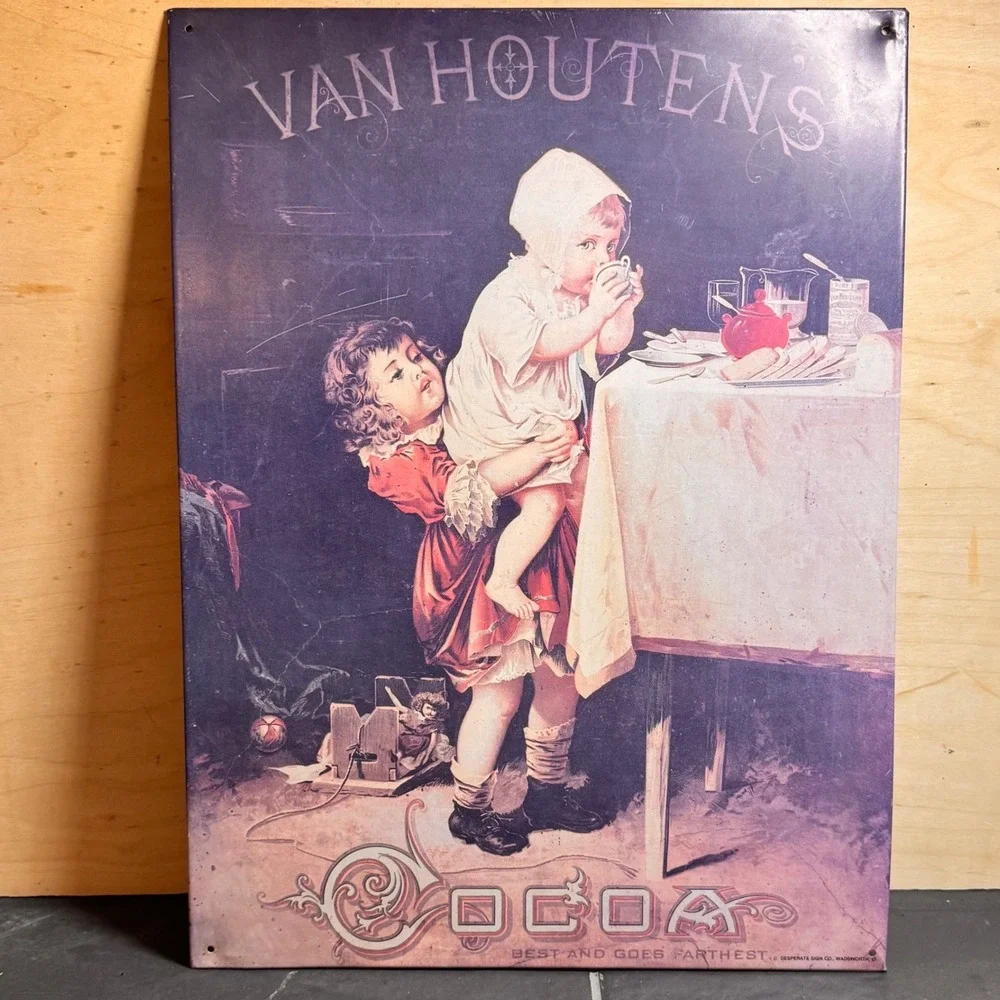 VTG Van Houten Cocoa Vintage Advertising 11x14 Tin Sign‎ Best and Goes Farthest